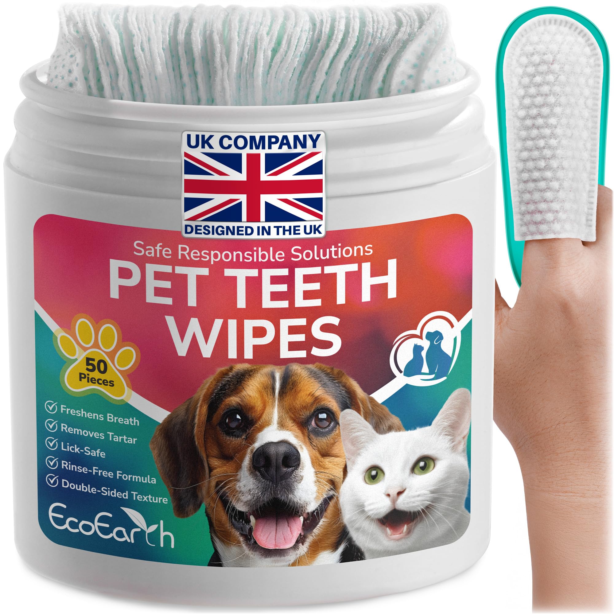 EcoEarth Premium Teeth Cleaning Wipes for Dogs & Cats - 50 Pcs - Pet Dental Care Finger Pads for Fresh Breath & Oral Hygiene - Embossed Pattern & Nano Plastic-Dotting to Remove Plaque & Tartar