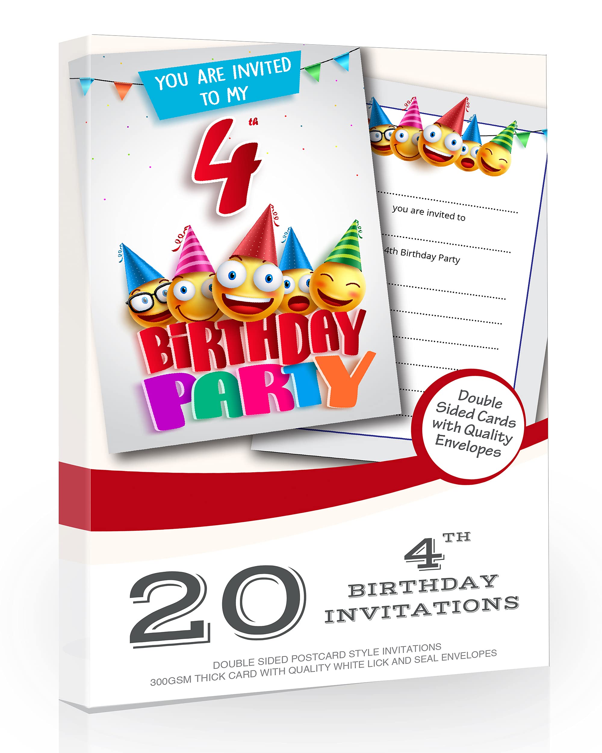 Olivia Samuel 20 x 4th Birthday Party Invites from Cartoon Style - Ready to Write with Envelopes
