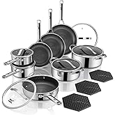 Pots and Pans Set Hybrid Stainless Steel, 17PC Nonstick Tri-Ply Cookware Set w/Frying pan, Dishwasher & Oven Safe, PFOA-Free, Metal Utensil Safe, Suitable for All Cooktops