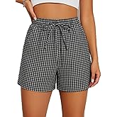 Womens Cotton Striped Gingham Boxer Shorts Checkered Plaid Casual Biker Shorts PJ Pajama Lounge Sleep Summer Beach Vacation