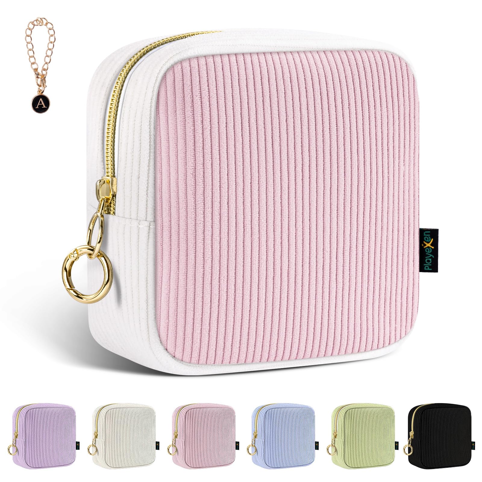 Photo 1 of Playexen 5.5" Small Makeup Bag, Corduroy Small Cosmetics Bag for Purse, Mini Travel Makeup Pouch with Ring Buckle & 2 Inner Pockets for for Christmas/Birthday Gifts (Pink&White)