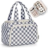 Narwey Checkered Travel Toiletry Bag for Women Large Makeup Bag, Wide-open Cosmetic Make Up Organizer with Handle, Travel Bag for Toiletries, Essentials, Accessories (Greyish Blue Checkerboard)