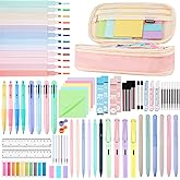 80Pcs Aesthetic School Supplies with Cute Pencil Case, 12 Pastel Highlighters, 4 Multicolor Ballpoint Pens, 6 Gel Pens with Refills, 10 Mechanical Pencils with Leads for Student Stationery Set(Pink)