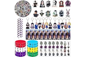 WUYKKOT Wednesday Addams Party Supplies 112Pcs Birthday Decorations Includes Wristband Stickers Party Bags Straws Keychain Button Pins Tattoo Stickers