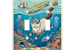 Beach Ragdoll Cat Surfing Decorative Light Switch Cover Wall Plate 2 Gang Double Toggle, Summer Kitten Coastal Electrical Swi