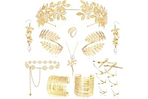 LOFITOR 11Pcs Greek Goddess Costume Accessories Set for Women Golden Laurel Leaf Crown Headband Leaf Armband Coil Bracelet Pearl Leaf Dangle Earring Necklace Leaf Ring Waist Belt Wedding Toga Cosplay Party Jewelry