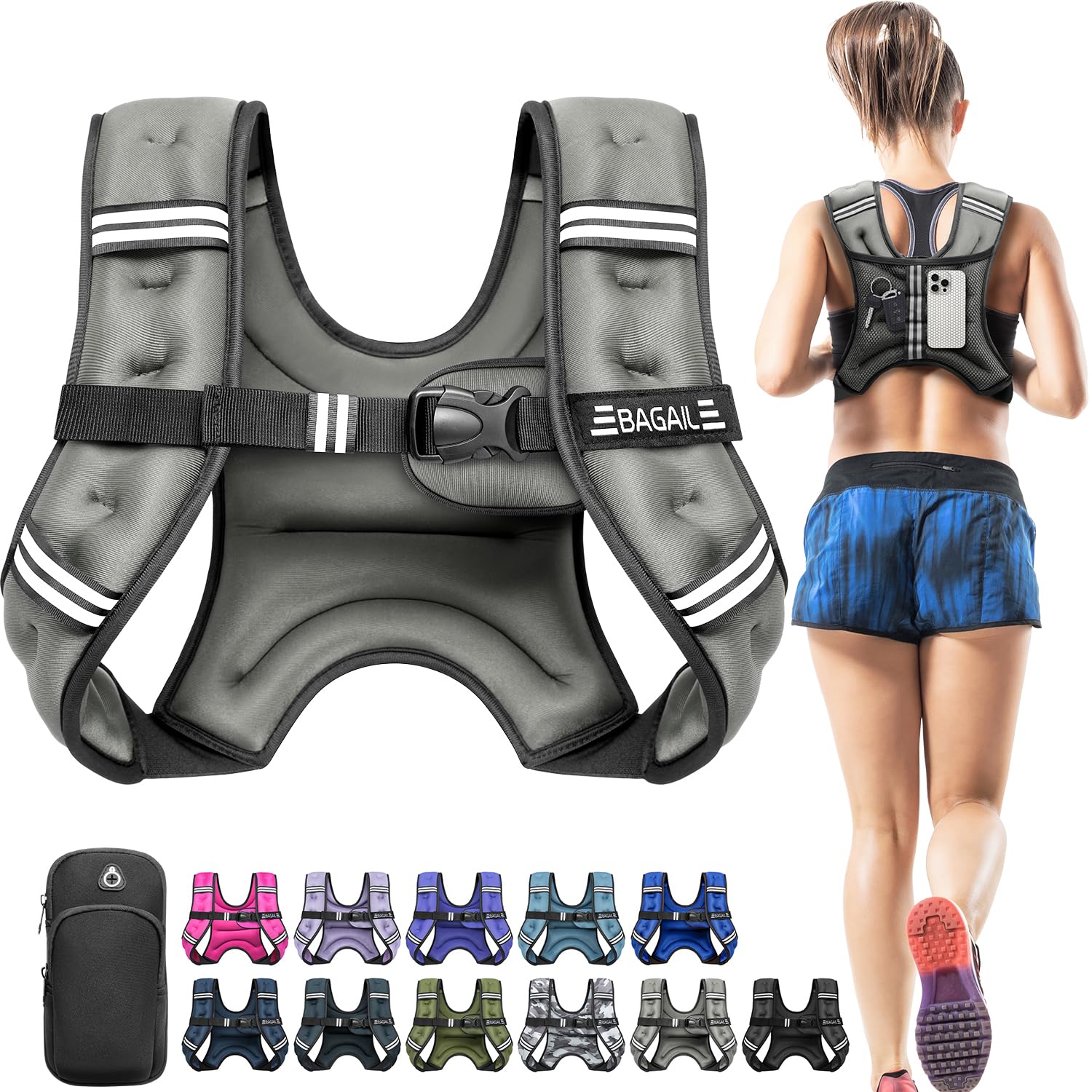 BAGAIL Comfort-Fit Weighted Vest for Woman, Even Weight Distribution, Faster Weight Loss, No-Chafe or Bounce for Walking & Running with Detachable Phone Pouch & Reflective Stripes - 12lb, Gray
