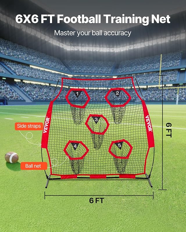 Fußballtrainer Wurfnetz Übungsnetz (208 x 91 x 189 cm) mit 5 Zieltaschen & tragbarer Aufbewahrungstasche & Gurten & knotenlosem Netz, Training für die Passgenauigkeit des Quarterbacks, rot