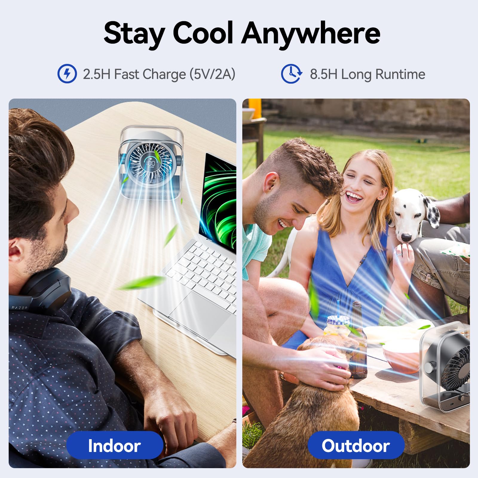 USB Desk Fan, Quiet Table Fan with Turbo Airflow, 100 Speeds, Digital Display, 90° Rotating, Small Rechargeable Battery Desktop Fans for Bedroom Home Office Travel, Black