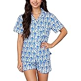 Zuafy Women's Pajamas Set Button Down Ladies Summer Pajamas Monkey Printed Sleepwear Short Sleeve 2 Pc Pjs for Birthday Gift