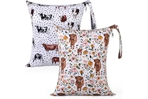 eaxin 2pcs Cloth Diaper Wet Dry Bags Waterproof Reusable with Two Zippered Pockets Travel Beach Pool Stroller Daycare Soiled Baby Items Yoga Gym Bag for Swimsuits or Wet Clothes - Highland Cow