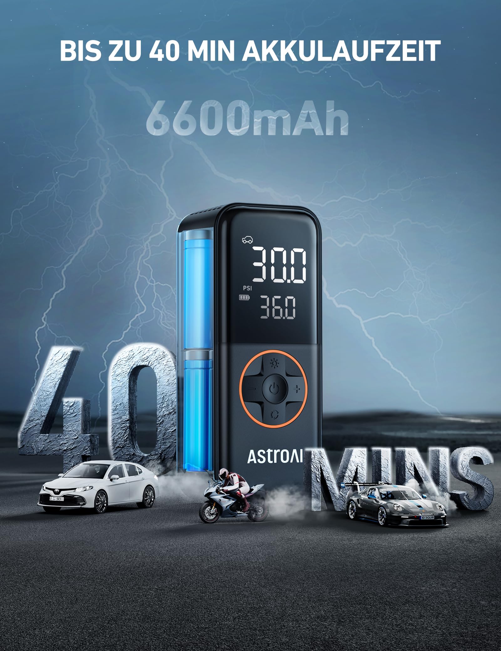 AstroAI Elektrische Luftpumpe Fahrrad, 6600 mAh Akku Luftpumpe, 10,3 Bar 3
