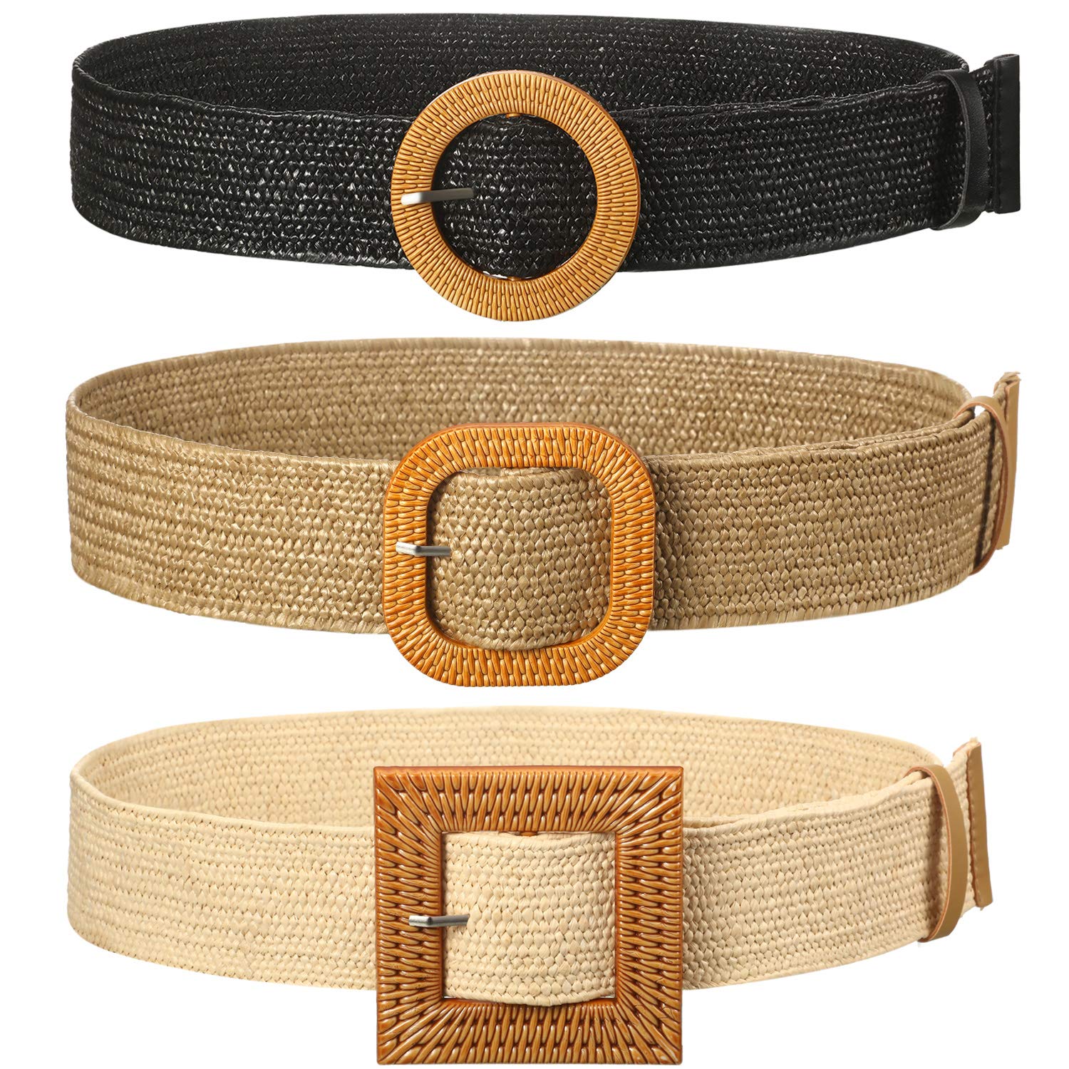 Photo 1 of Syhood 3 Pieces Straw Woven Elastic Waist Belt for Women Bohemian Dress Braided Belt (Black, Khaki, Beige, Fit Waist Size Below 31'')