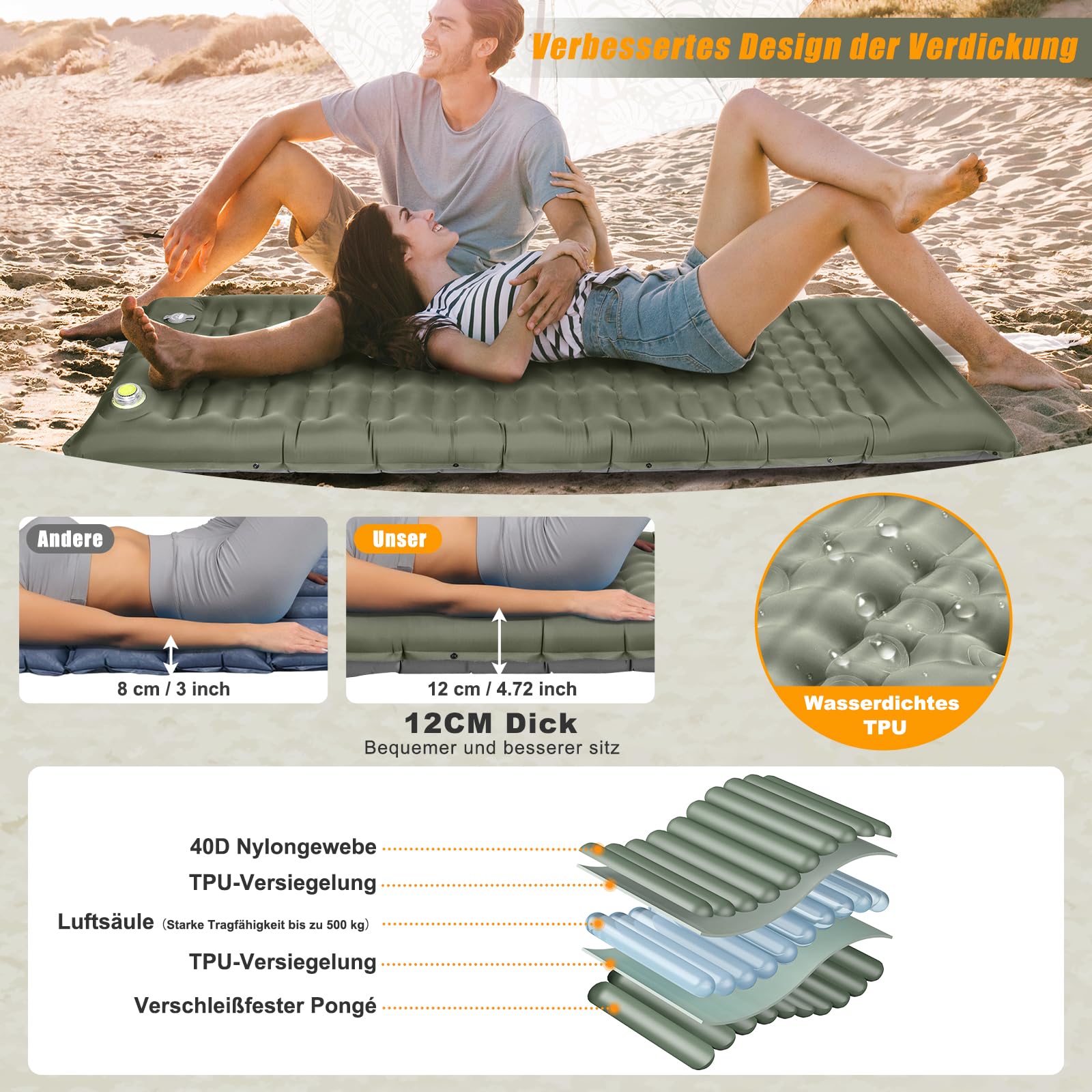 WARMTUYO Elektrisch Isomatte Camping, 12CM Verdicktes Aufblasbare Matratze mit Kissen, Wasserdicht Anti-Ripstop Luftmatratze Outdoor Schlafmatte für Wandern, Outdoor, Zelt 3