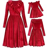 AWIBMK Mommy and Me Dresses V Neck Solid Color Velvet Ruffle Christmas Dress Long Sleeve Xmas Party Family Matching Outfits