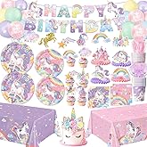 NKPDAXM Unicorn Birthday Decorations - Plates, Napkins, Cups, Cutlery, Hanging Swirls, Banner, Honeycomb Centerpiece, Balloons, Tablecloths for Rainbow Girls Birthday Party Decorations, Serves 24