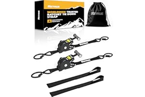 RETRUE Heavy Duty Self-Retracting Ratchet Straps, 10 Feet Retractable Ratchet Tie Down Straps with 1,500lb Break Strength for Trailers, Motorcycles, ATVs, Moving, Cargo Handling & More, Black (2 Pack)