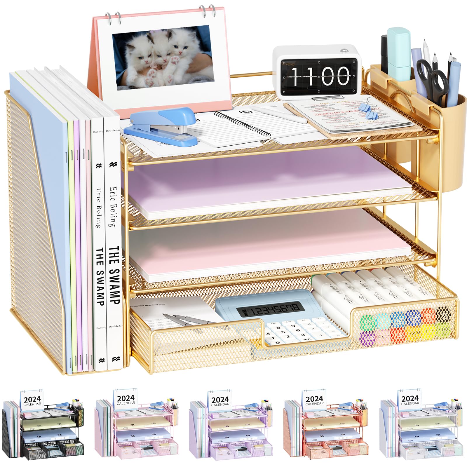 Photo 1 of OPNICE Desk Organizer and Accessories, 4-Tier Desktop File Organizer with Drawer and 2 Pen Holders, Office Desk Accessories for Office Supplies(Gold)