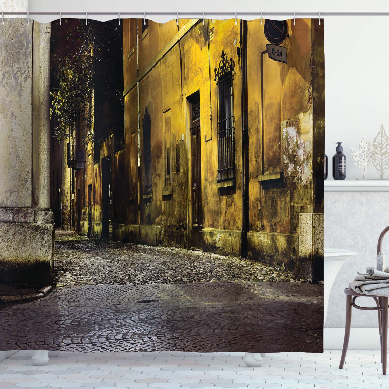 ABAKUHAUS Street Shower Curtain, Old Empty Dark City Streets Avenues with Homes Photograph Civilization Print, Cloth Fabric Bathroom Decor Set with Hooks, 78 Inches, Multicolor