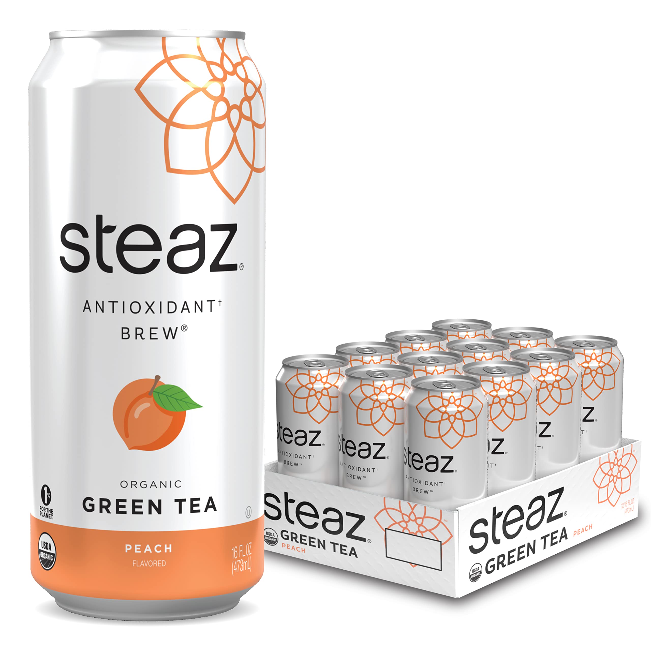 Steaz – Organic Green Tea – Peach Flavored (12 Pack) – Antioxidant Brew – 65mg Natural Caffeine, 90 Calories, Vitamin C – Cane Sugar Sweetened Iced Tea – Vegan, Fair Trade – 12 Cans, 16 fl oz (473mL)