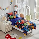 Kids Comforter Sheet Set - Soft and Breathable Bed Set Includes Quilted Comforter, Fitted Sheet, Flat Top Sheet, Pillowcase and Toddler Pillowcase - 4 Pieces Toddler Bedding Set Navy Space Dinosaur