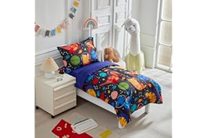 UOZZI BEDDING 4 Pieces Toddler Bedding Set for Boys Girls Black Toddler Bed Set - Ultra Soft Cartoon Space Orange Dinosaur Toddler Bed in a Bag - 1 Comforter Set 1 Fitted Sheet 1 Flat Sheet 1 Pillowcase