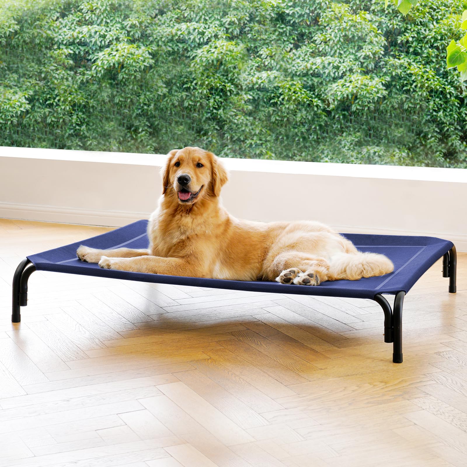 Photo 1 of Elevated Dog Bed Raised Outdoor Dog Cot for Extra Large Dogs, Installation Requires No Tools, Frame with Washable Cooling Breathable Mesh Anti-Slip Feet, Indoor Pet Bed, Blue, 48.8 Inches