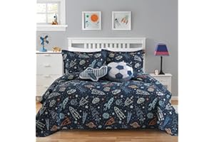 DDUOXIN 3-Piece Kids' Queen Quilt, Navy Space Style Soft Queen Quilt Set, Reversible Rocket Pattern Lightweight Queen Quilt Bedding Set for Boys and Girls
