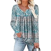 HAHIYOR Womens-Tops-Long-Sleeve Henley Shirts V Neck Blouses Buttons Up Tunics Flowy Pleated Blouses