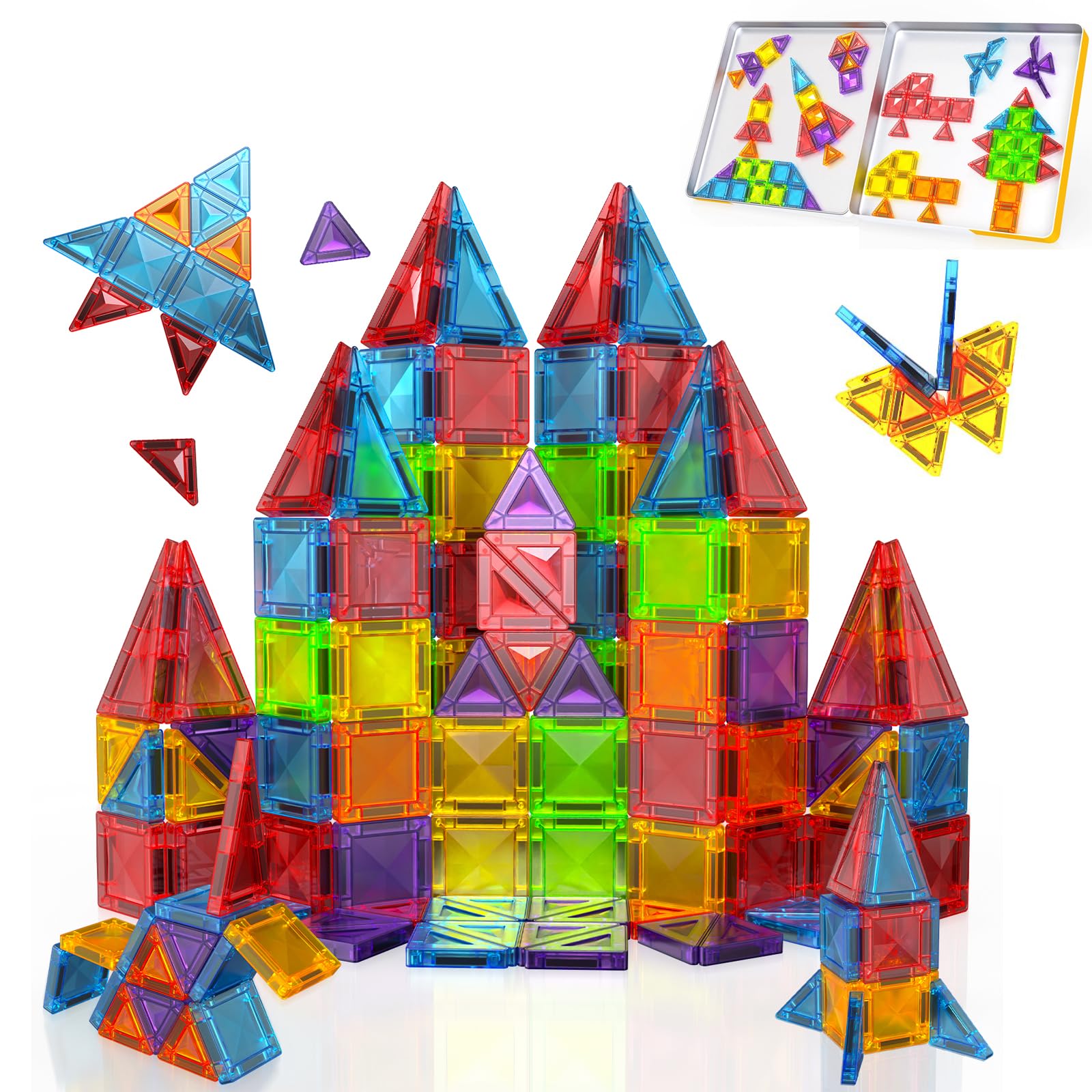 Mini Magnetic Tiles, 56PCS Travel Magnetic Tiles Building Blocks with Metal Box, Mini Magnet Toy Sensory Construction Toy Birthday for Kids Boys Girls Ages 3 4 5 6 7 8 9 10