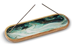 Folkulture Incense Holder or Incense Burner, Modern Incense Holder for Sticks, Ash Catcher or Insence-Stick Holder for Home Décor, 12 Inch Long for Home Decor, Mango Wood, Green Agate