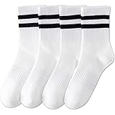 YUWELL Womens Striped Crew Socks, Cotton Cozy Casual Socks for Women 4 Pairs, Size 5-10
