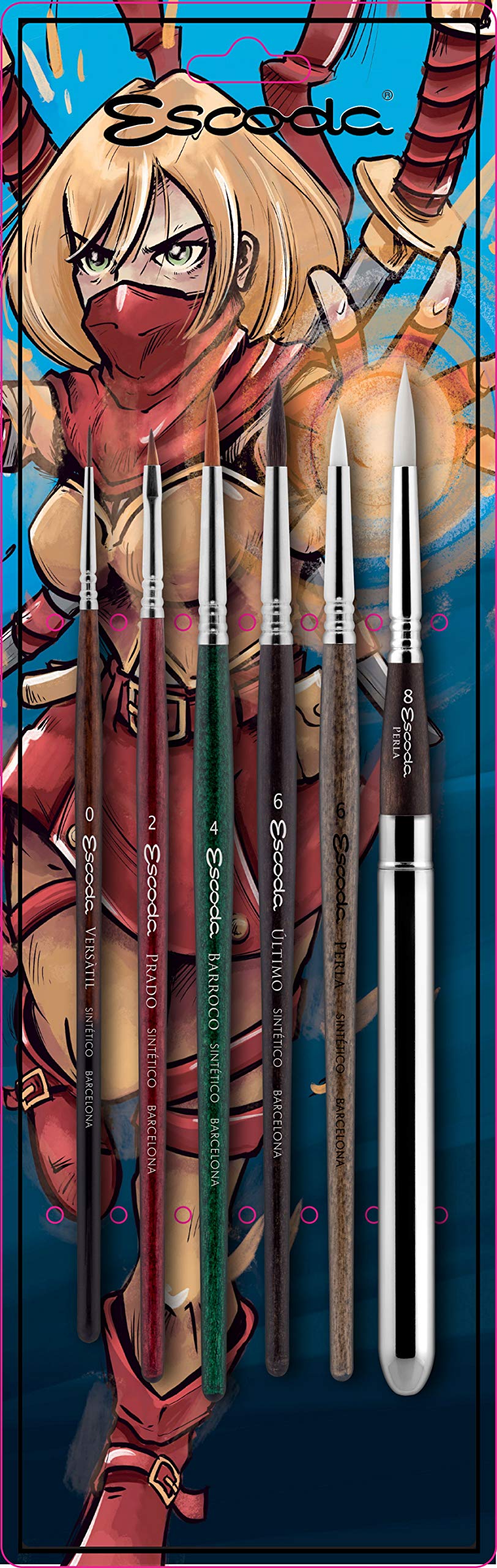 ESCODA Set 6 Illustration Brushes - Comic Manga Watercolor Round Pointed Bright Travel Professional Synthetic Hair Fine Arts Series Versatil Prado Barroco Ultimo Perla Handmade in Barcelona.