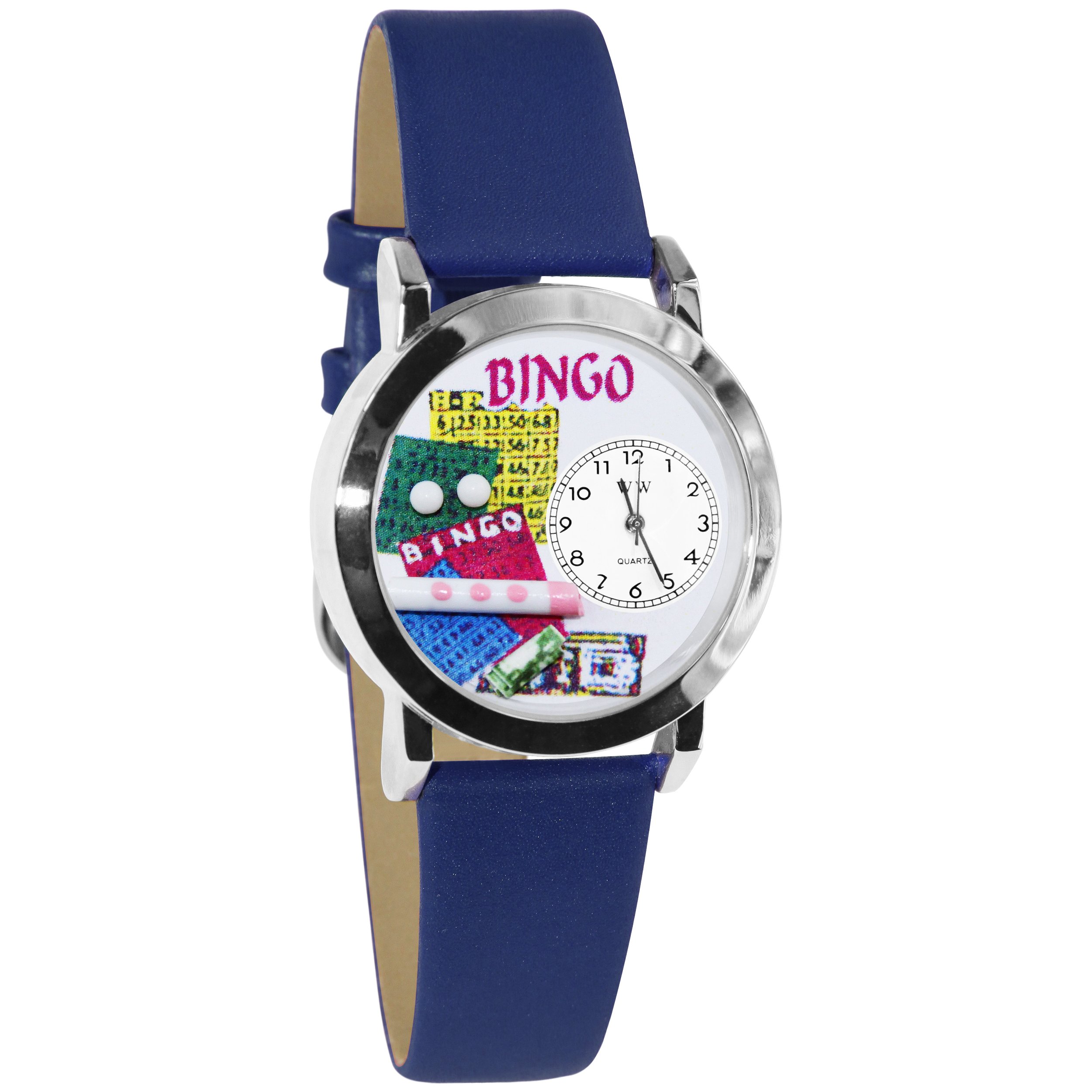 Whimsical Watches Bingo Royal Blue Leather and Silvertone Unisex Quartz Watch with White Dial Analogue Display and Multicolour Leather Strap S-0430002