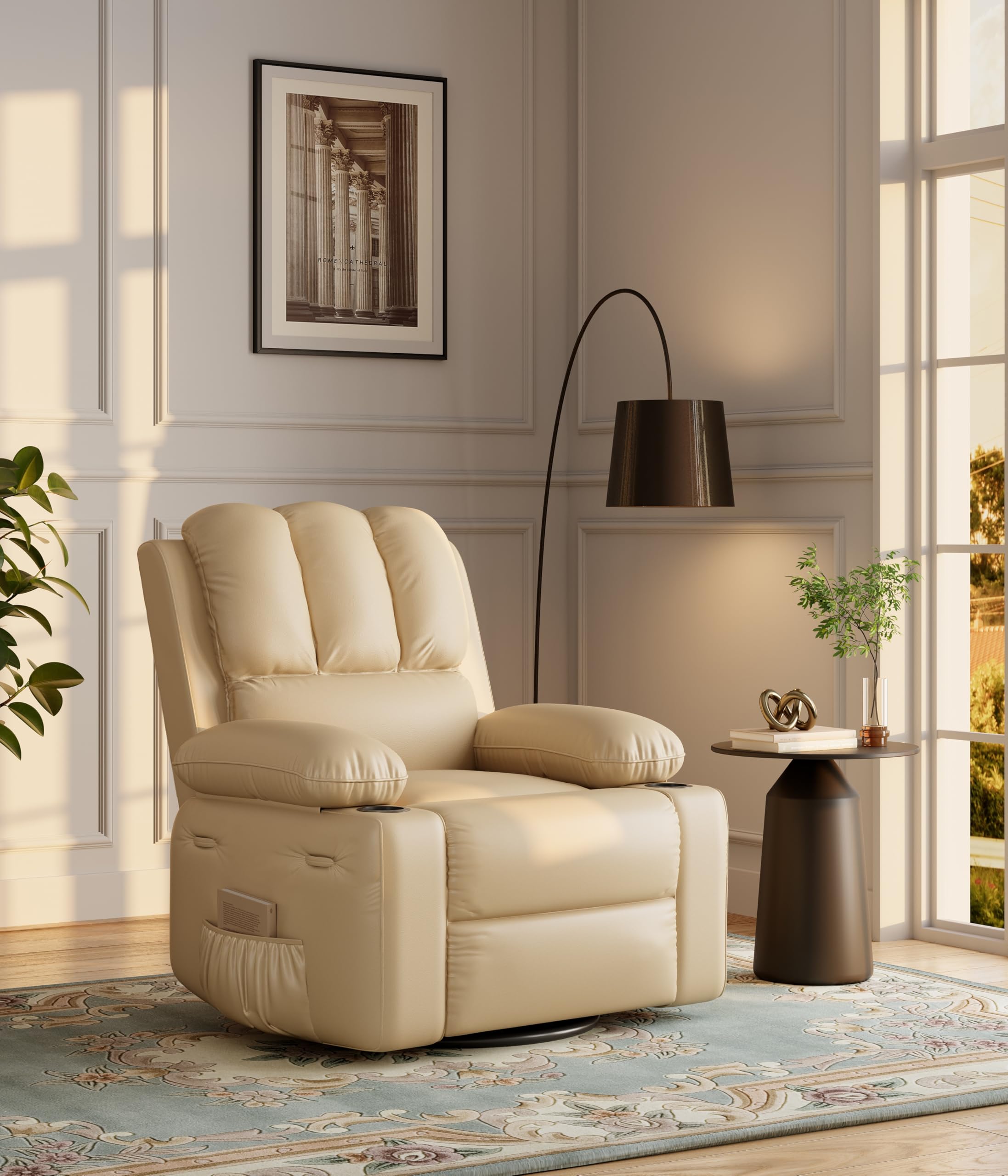 Photo 1 of ***MAJOR DAMAGE*** GarveeHome Oversized Recliner Chairs with Heat and Massage - 360° Swivel Lazy Recliner Chair for Adults- Manual Chair with Cup Holder for Living Rooms, Bedrooms and Nurseries - Creamy
