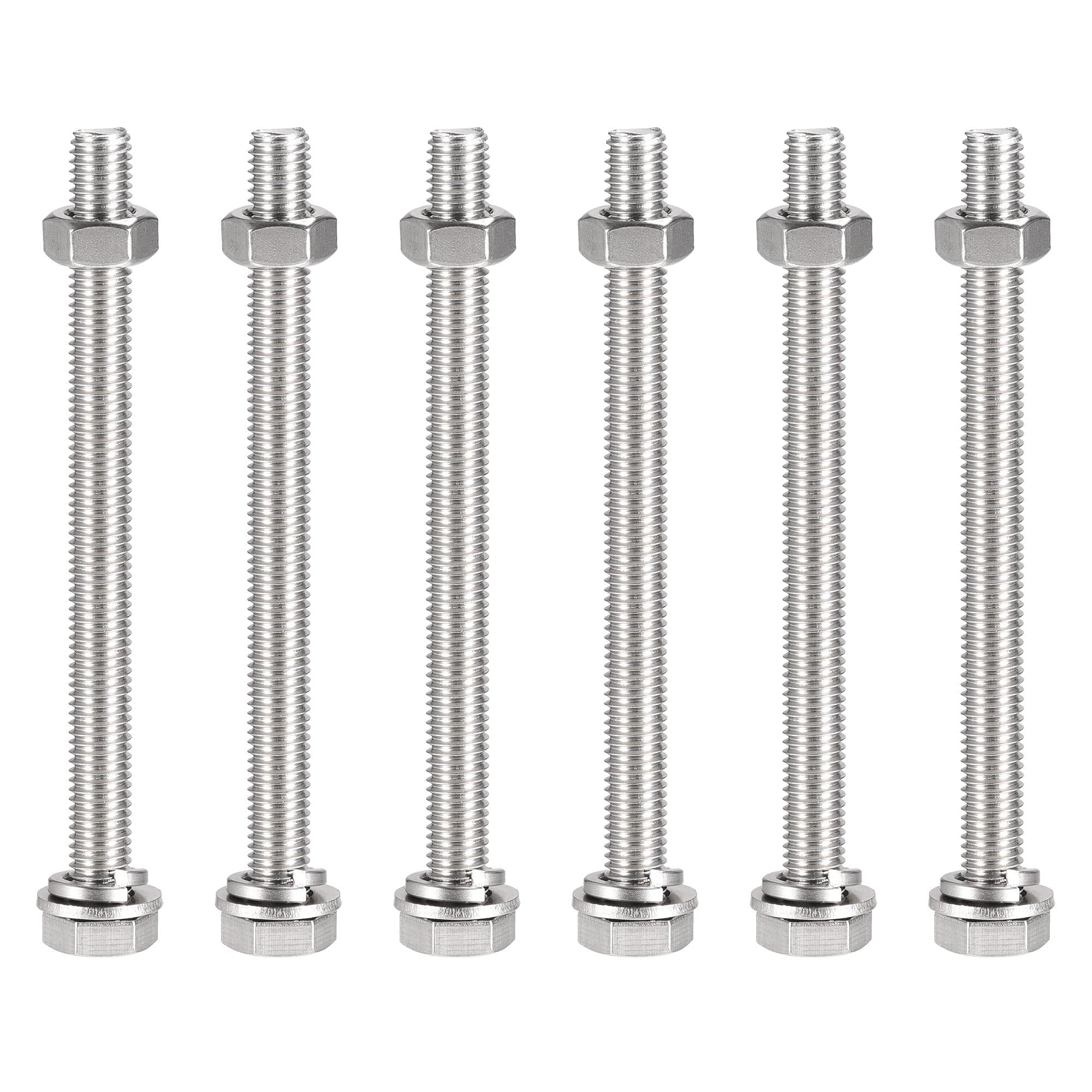sourcing map M10 x 130mm Hex Head Screws Bolts, Nuts, Flat & Lock Washers Kits, 304 Stainless Steel Fully Thread Hexagon Bolts 6 Sets