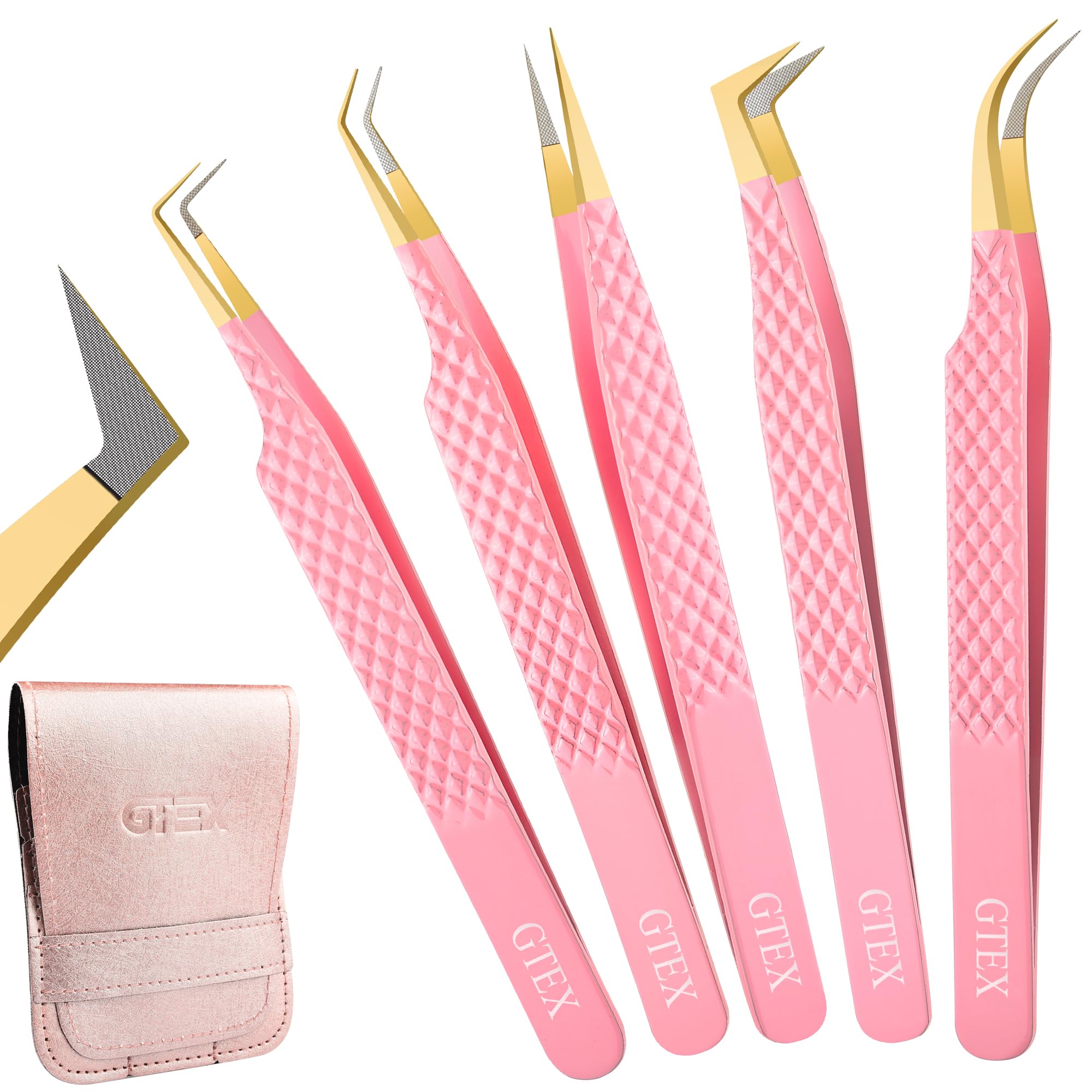 Photo 1 of GTEX Fiber Tip Lash Tweezers For Eyelash Extension Set of 5, Professional Eyelash Tweezers For Lash Extensions - 90 45 Degree Curved Volume Tweezer Pink
