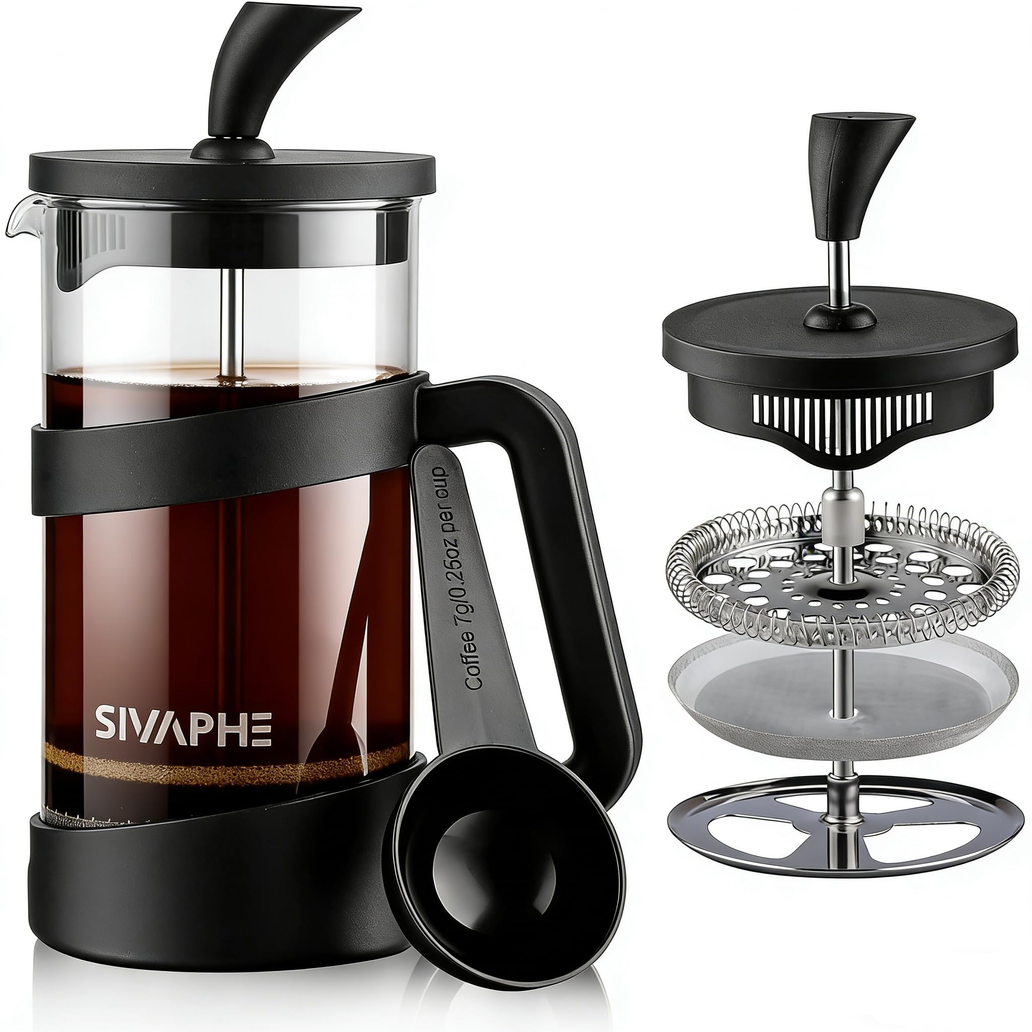 Sivaphe French Press Coffee Maker 350ml, Cafetiere Coffee Plunger Black 12oz 1-2 Cup, Small Tea Press Borosilicate Glass