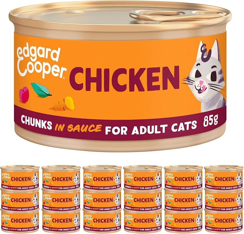 Ração húmida Edgard Cooper para gatos, adultos, galinhas, 85g x 18, ração esterilizada e ativa para gatos, sem cereais, ingredientes naturais, hipoalergénica, sem açúcares adicionados