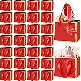 Yeaqee 50 Pcs Mini Metallic Gift Bags with Handles 4x4.75x2.25'' Tiny Thank You Favor Bag with Tag for Women's Day St. Patrick's Wedding Spring Easter Welcome Baby Shower Birthday (Red,Gold)