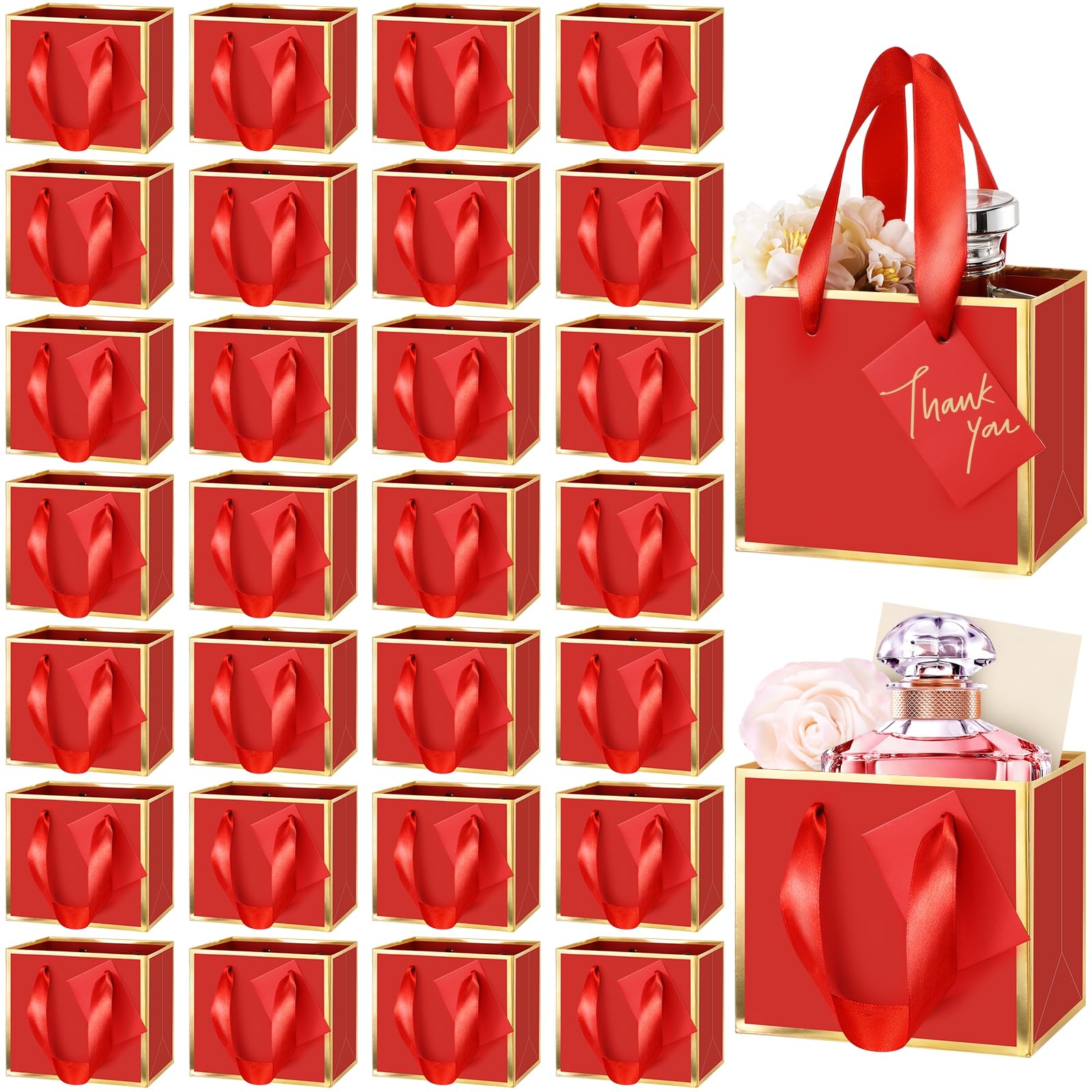 Photo 1 of Yeaqee 50 Pcs Mini Metallic Gift Bags with Handles 4x4.75x2.25'' Tiny Thank You Favor Bags with Tag for Easter Mother's Day Wedding Spring Welcome Baby Shower Graduation Birthday (Red,Gold)