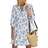 LUXVEER Summer Mini Dresses Casual V Neck Drawstring Button Down 3/4 Sleeve Boho Floral Flowy Beach Shirt Dress Pockets