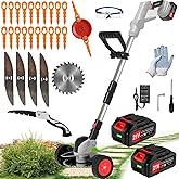 Electric Weed Wacker Cordless Eater Battery Powered Eater Lightweight Edger Portable Stringless Grass Trimmer/Lawn Mower/Brush Cutter, with 3 Types Blades & Wheels for Yard and Garden-Grey