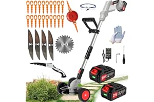 HWLANTU Electric Weed Wacker Cordless Eater Battery Powered Eater Lightweight Edger Portable Stringless Grass Trimmer/Lawn Mower/Brush Cutter, with 3 Types Blades & Wheels for Yard and Garden-Grey