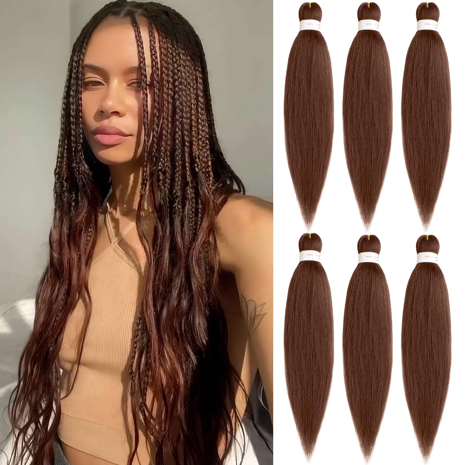 Samtress EZ Braids 24 Inch Professional Easy Crochet Braids 6 Packs Pre Stretched Braiding Hair Hot Water Setting Dark Brown Soft Yaki Texture Kanekalon Synthetic Hair Extensions (#30)
