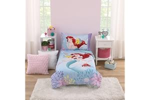 NOJO Disney The Little Mermaid Be Fearless Aqua, Lavender, and Orange Ariel 4 Piece Toddler Bed Set - Comforter, Fitted Bottom Sheet, Flat Top Sheet, and Reversible Pillowcase