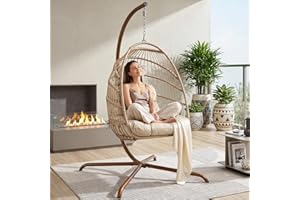 NICESOUL Hanging Egg Chair with Stand Indoor Outdoor, Comfy Patio Rattan Swing Hammock Chairs with Cushion, 350lbs Capacity Egg Shaped Chair for Lawn Backyard Balcony Bedroom, Birthday Gift, Beige