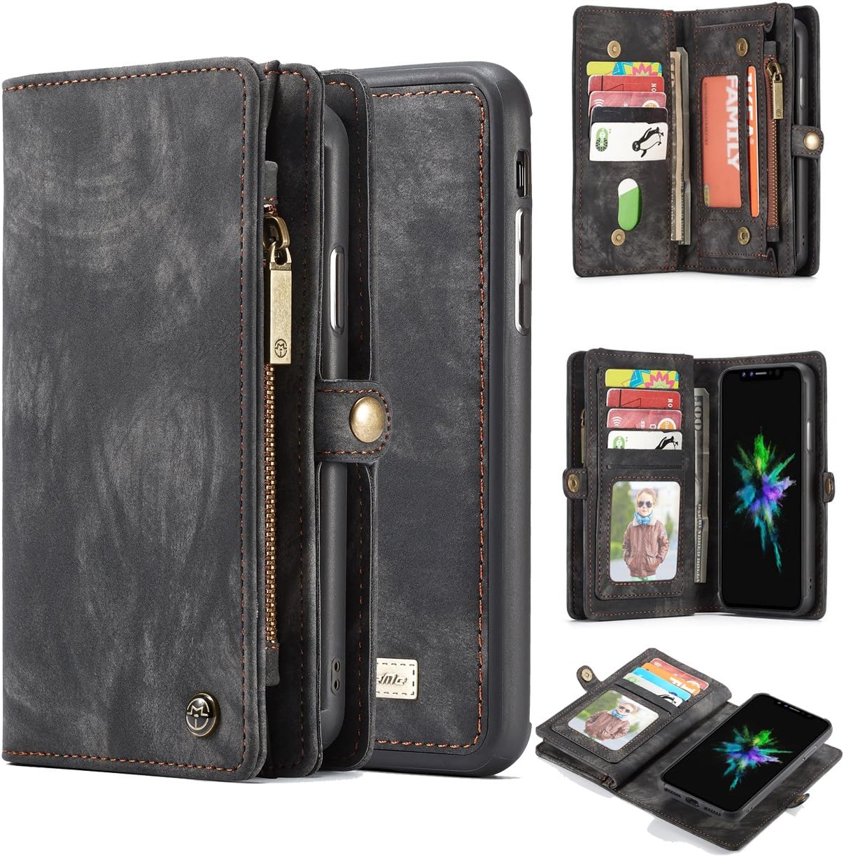 AKHVRS iPhone Xs Wallet Case,Handmade Premium Cowhide Leather Wallet Case & Zipper Wallet Case Cover [Magnetic Closure] Detachable Magnetic Case with Card Slots for 5.8" iPhone Xs - Black