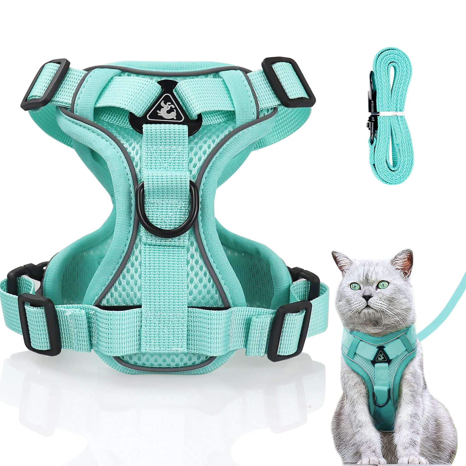 Cat Harness and Lead Set, Adjustable Kitten Harness and Lead Set with Reflective Strips Escape-Proof, Cat Vest Harness with Leash Sets for Cats Dogs Pets Walking (Mint green, S)