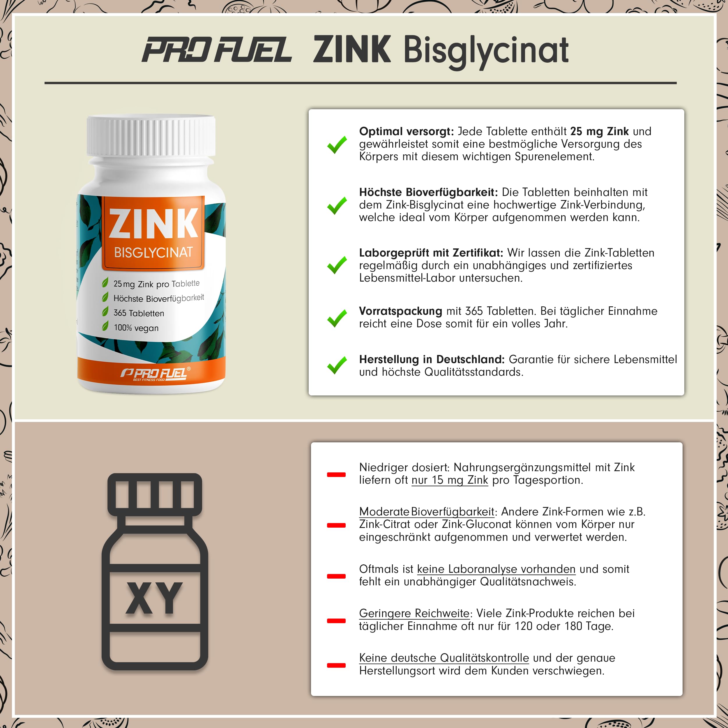 Zink 25mg - 365 Tabletten (vegan) mit Zinkbisglycinat (Zink-Chelat) für höchste Bioverfügbarkeit - laborgeprüft mit Zertifikat - optimal hochdosiert - 1 Jahresvorrat - ProFuel 3